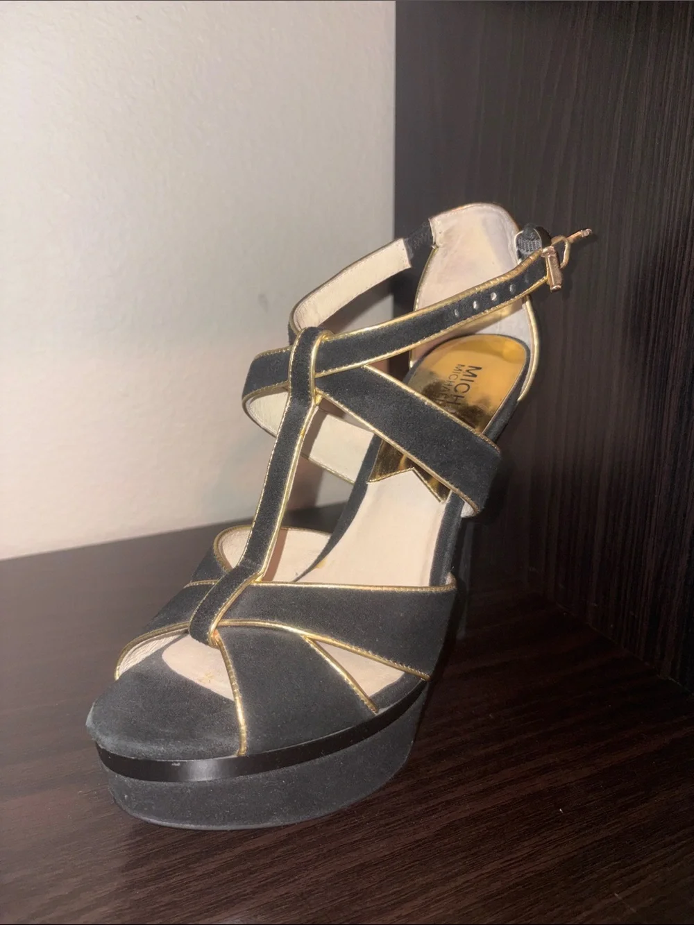 MICHAEL Michael Kors Black Platform T-Strap Suede Heels with Gold Piping